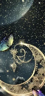 Fantasy night sky with golden crescent moon and butterflies.