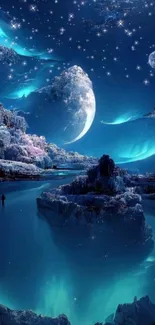 Fantasy night sky wallpaper with stars and blue scenery.