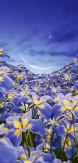 Field of blue irises beneath a starry night sky with a crescent moon.