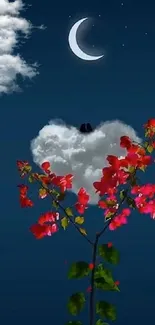 Dark blue sky with crescent moon and red flowers.