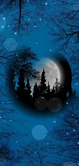 Night sky with a full moon and silhouetted forest.