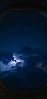 Night sky view through airplane window with clouds and stars.