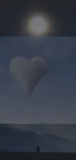 Heart-shaped cloud under moonlit night sky wallpaper.