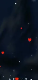 Romantic night sky wallpaper with stars and red hearts.