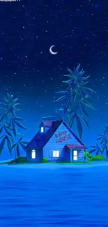 Serene night wallpaper with house, palm trees, and starlit sky on island.