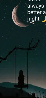 A girl on a swing under a crescent moon night sky.