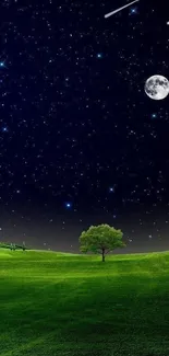 Peaceful night sky with stars and moon over green hills.