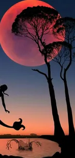 Enchanting mermaid silhouette beneath a red moonlit sky.