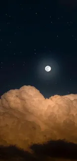 Night sky with full moon and fluffy clouds under stars.