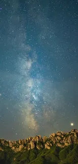 Starry night sky over mountains with Milky Way.