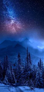 Starry night sky over snowy mountains and trees. Serene and cosmic wallpaper.