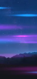 Neon night sky wallpaper with purple and blue hues over mountains.