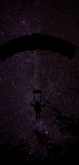 Silhouette of a parachuter against a starry night sky.