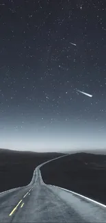 Road leading into a starry night sky on a serene, dark night backdrop.