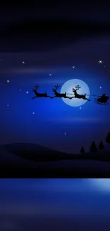 Santa's sleigh in moonlit sky with reindeer, stars, and blue night backdrop.