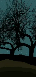 Silhouette of tree under starry night sky wallpaper.