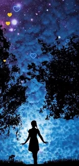 Silhouette under a starry night sky with glowing hearts and deep blue hues.