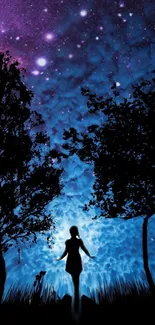 Silhouette of a girl under a starry night sky with blue and purple hues.