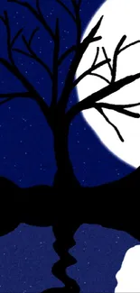 Silhouette of a tree by the moonlit night sky with a reflection in dark blue hues.