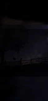 Silhouette of tree and fence under a starry night sky.