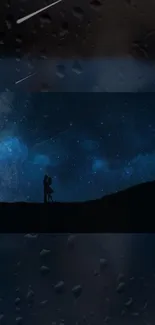 Silhouette of couple under a starry night sky with shooting stars.