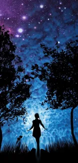 Silhouette of a woman under a starry night sky with vibrant blue hues.