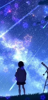 Silhouette gazing at starry night with telescope, shooting stars visible.