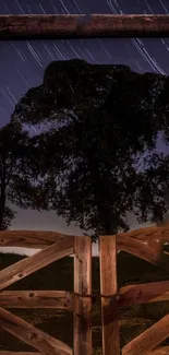 Star trails in night sky behind trees and wooden fence.