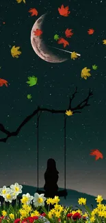 Silhouette on a swing under crescent moon and stars, vibrant floral foreground.