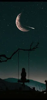 Silhouette on swing under a crescent moon in a starry night sky.