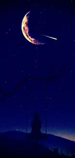 Silhouette on swing under crescent moon and shooting star in a dark blue sky.