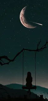 Silhouette on a swing under a crescent moon and starry sky.