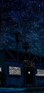 Nighttime scene with stars and a shadowy building under a deep blue sky.