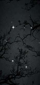 Dark branches and stars on a night sky wallpaper.