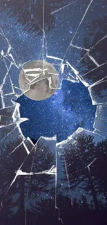 Shattered glass window with moonlit night sky and stars in the background.