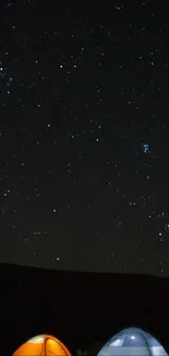 Starry night sky with glowing tents below.