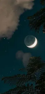 Crescent moon with stars and foliage in a night sky wallpaper.