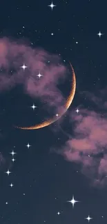 Crescent moon in a starry night sky with gentle pink clouds.