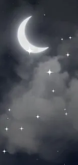 Crescent moon and stars in a dark cloudy sky wallpaper.