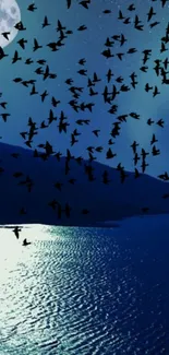 Moonlit sky with flying birds over water at night.