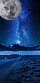 Starry night sky with a glowing full moon and dark mountains.