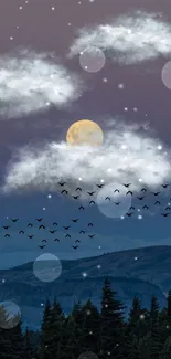 Night sky wallpaper with moon, clouds, and birds in a serene landscape.