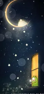 Mobile wallpaper with night sky, crescent moon, and cozy window scene.