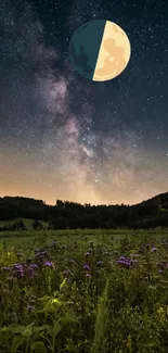 Serene night sky with glowing moon over a field of wildflowers.