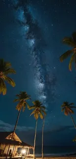 Tropical beach with Milky Way and palm trees under a starry night sky.