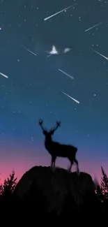 Deer silhouette under a night sky with shooting stars.