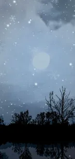 Serene night sky with stars, silhouetted trees, and reflections on water.