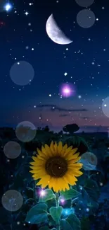 A sunflower under a starry night sky with a crescent moon.