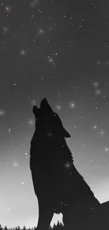 Silhouette of a wolf against a starry black and white sky.