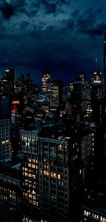 Moody dark blue cityscape with illuminated skyscrapers at night.